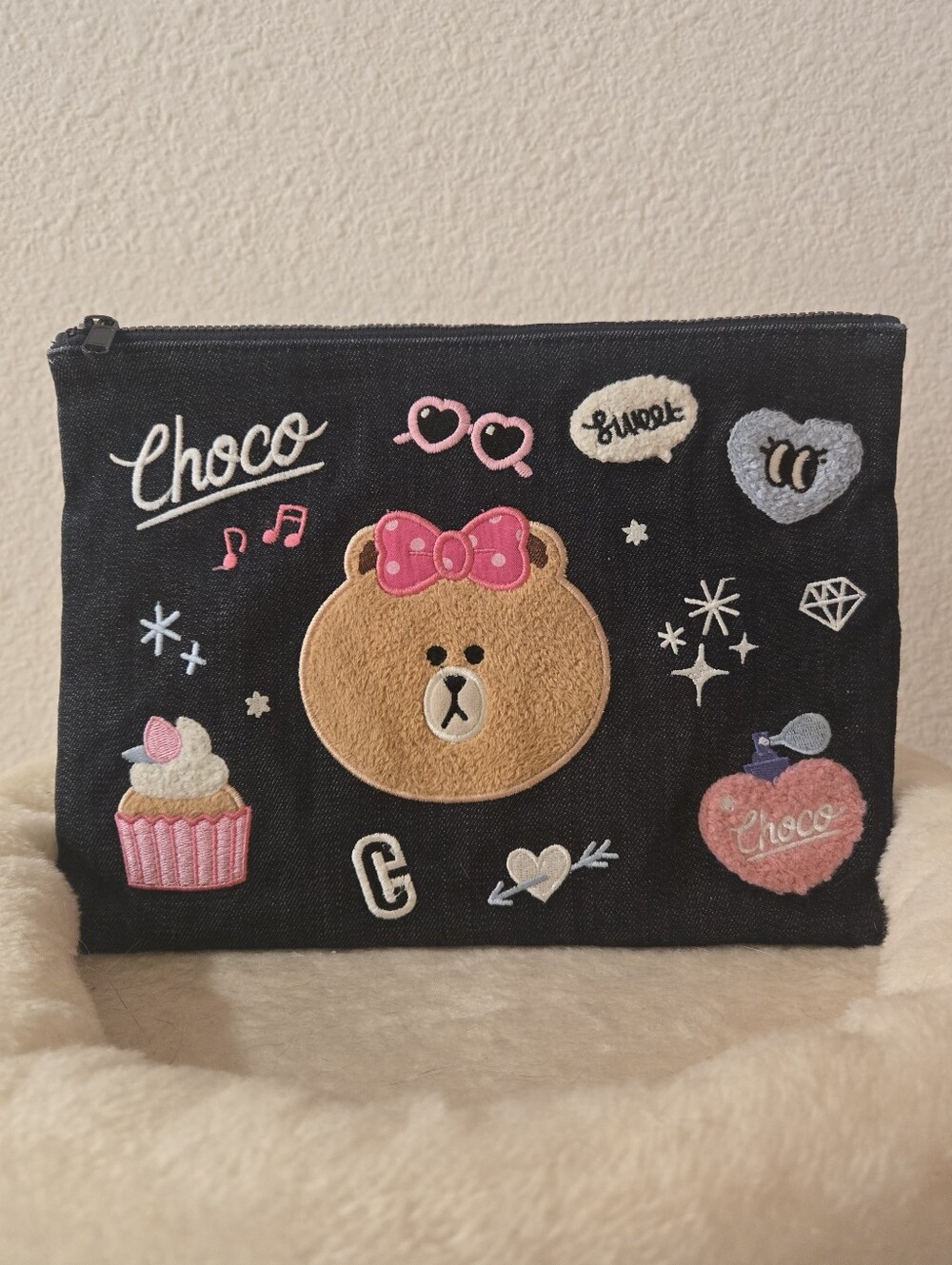 Line Friends Patch Embroidered Cosmetic Pouch - Pink Accents